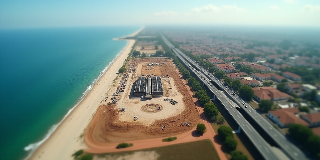 an aerial view of a large construction site near the ocean and a highway with a bridge in the middle