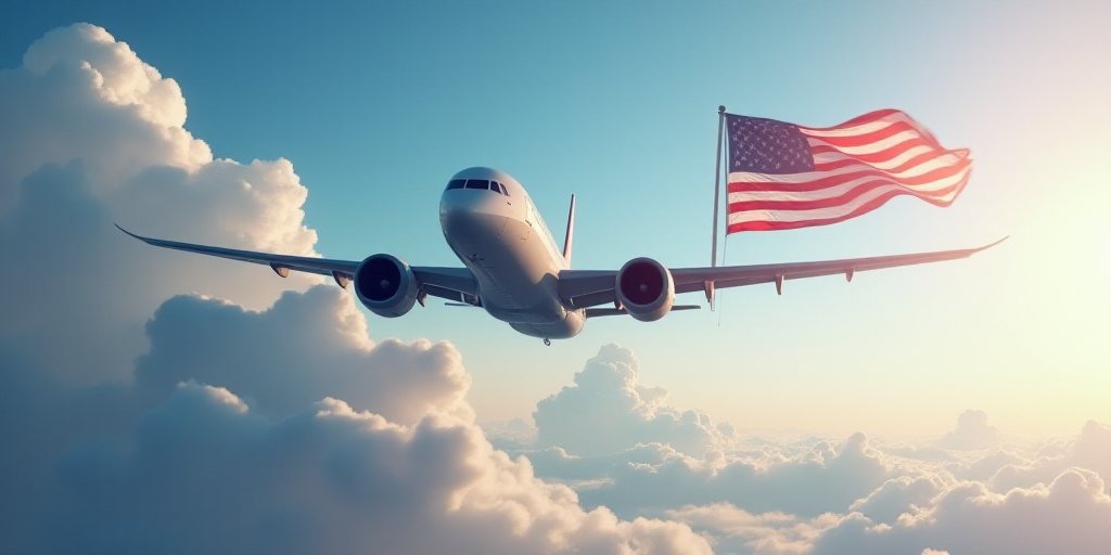 an airplane flying in the sky with a flag flying in the background and a plane in the air with a pla