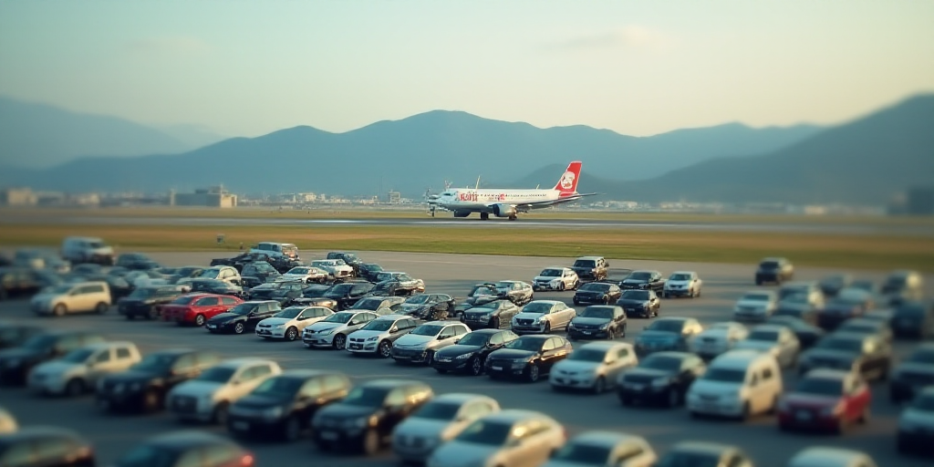 an airport with a lot of cars parked in it and a plane on the runway in the background and a plane o