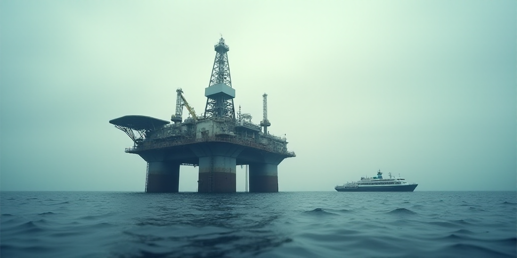 an oil rig in the middle of the ocean with a boat in the background and a boat in the water, Bascove