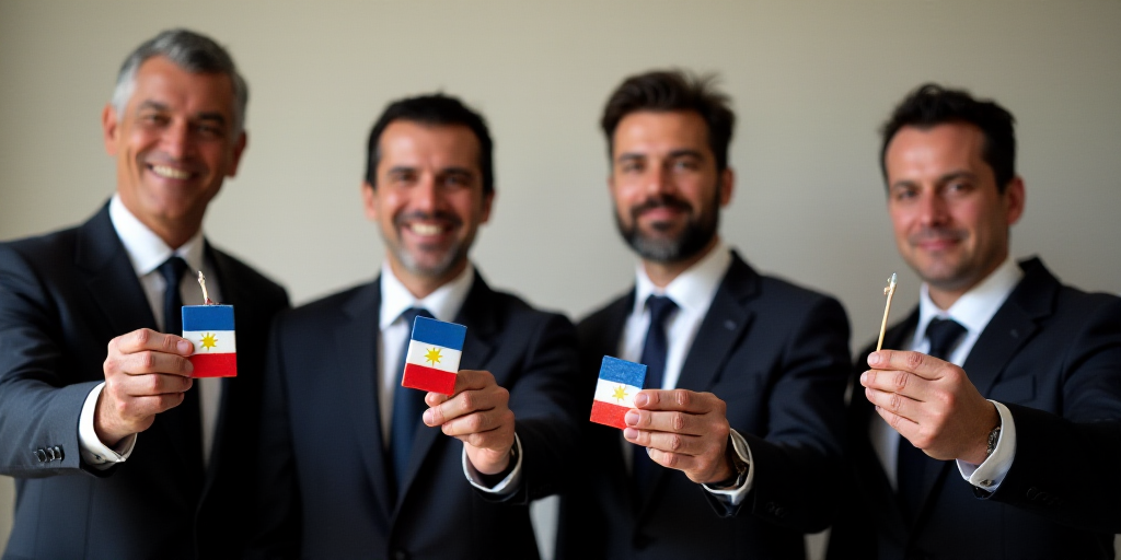 four men in suits and ties holding up some small items in front of them with a flag on them, Federic