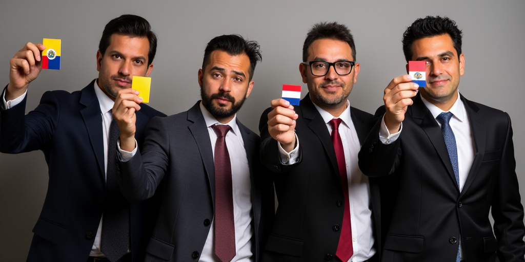 four men in suits and ties holding up some small items in front of them with a flag on them, Federic