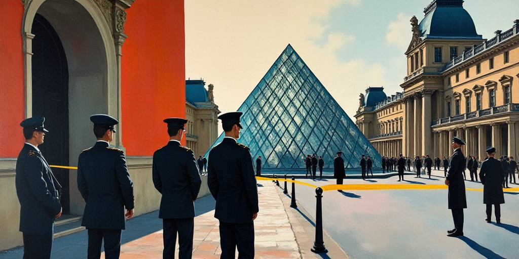 police officers standing in front of a building with a glass pyramid in the background and a police