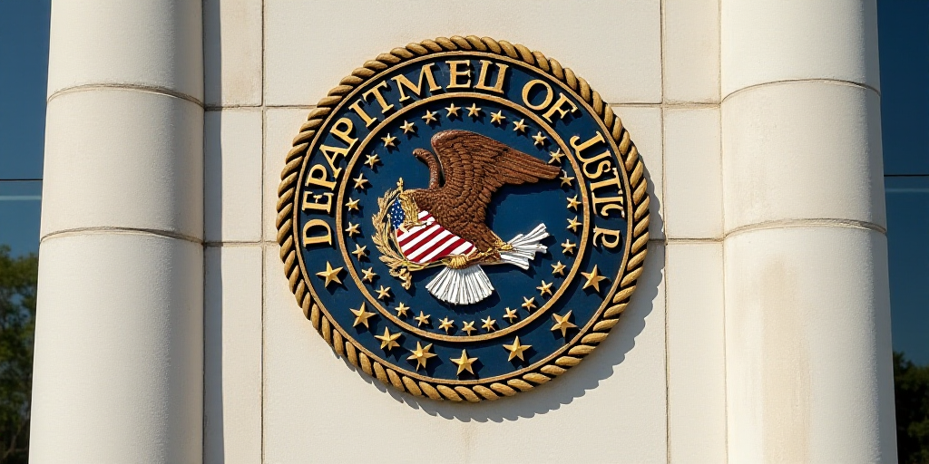 the seal of the department of justice on the wall of the building in washington dc, usa, on a sunny