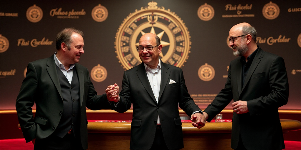 three men holding hands in front of a backdrop with a casino logo on it and a casino logo on the wal