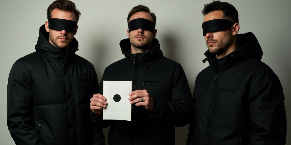 three men in black jackets with a black blindfold on their face and one man holding a paper with a b