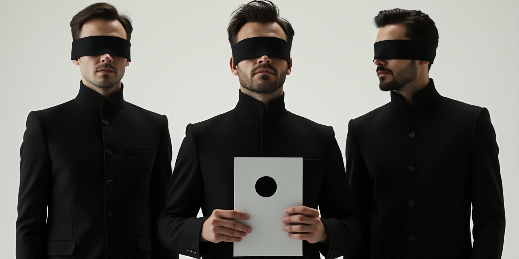 three men in black jackets with a black blindfold on their face and one man holding a paper with a b