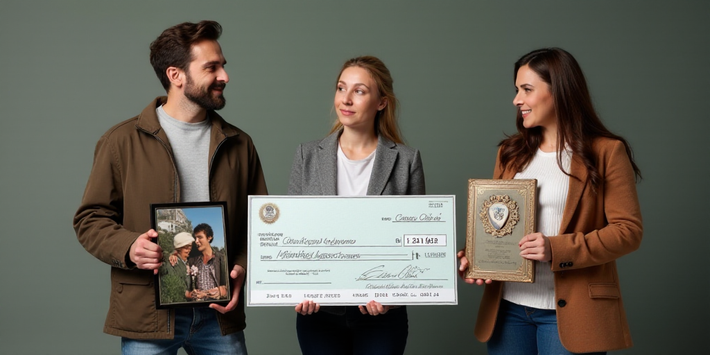 three people standing next to each other holding up a checkbook and a plaque with a picture of a man