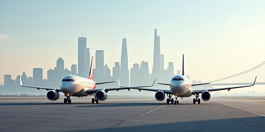 two airplanes are parked on the runway in front of a city skyline with a bridge in the background an