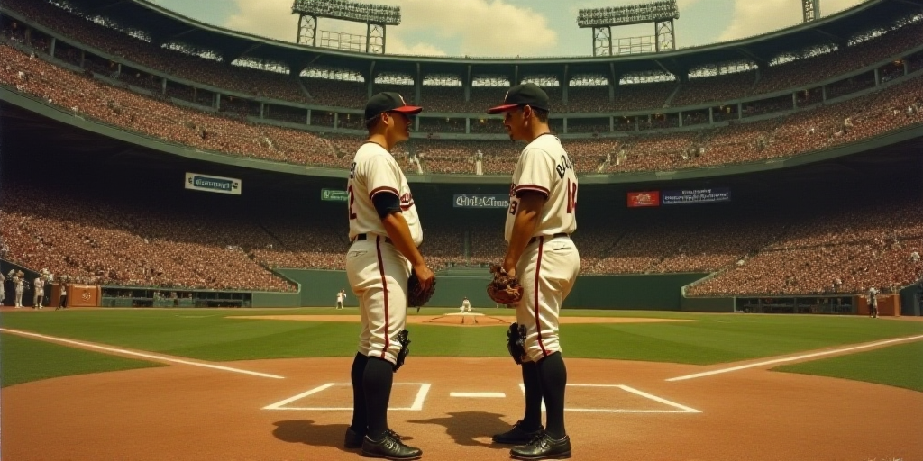 two baseball players are talking to each other on the field in front of a crowd of people in the sta