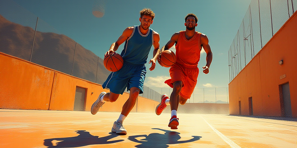 two basketball players are running on a court with a ball in their hands and one is holding a basket