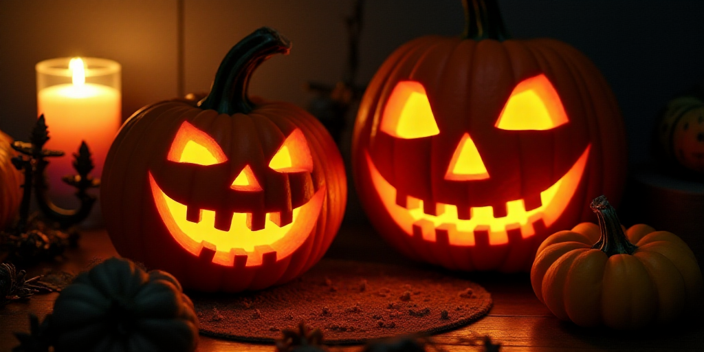 two carved pumpkins with faces on a table with a candle and other decorations on it, with a candle h