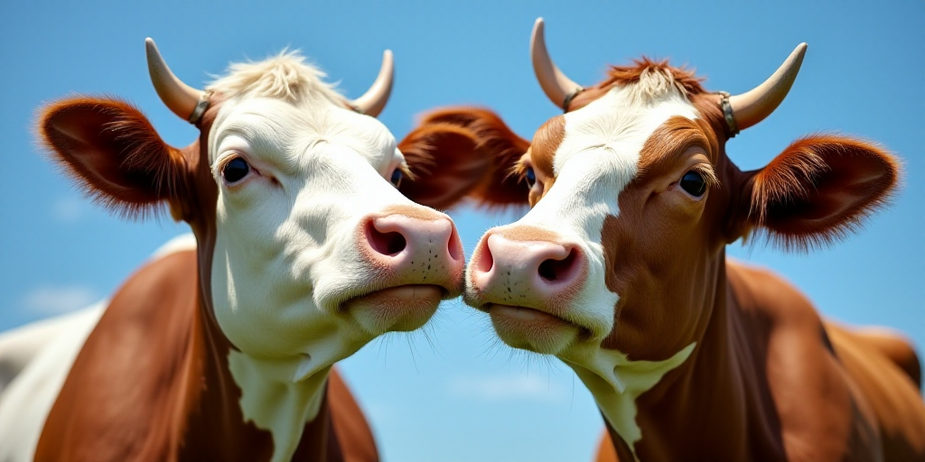 two cows standing next to each other with their noses close together and looking at the camera with