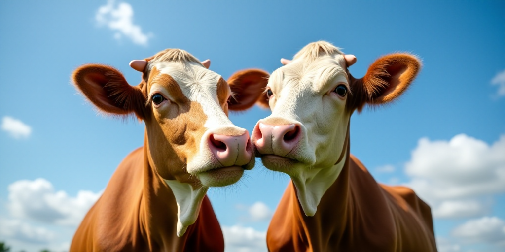 two cows standing next to each other with their noses close together and looking at the camera with