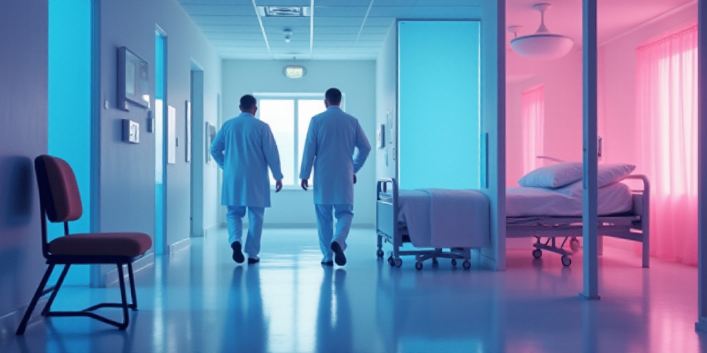 two doctors walking down a hospital hallway with a chair in the foreground and a bed in the backgrou