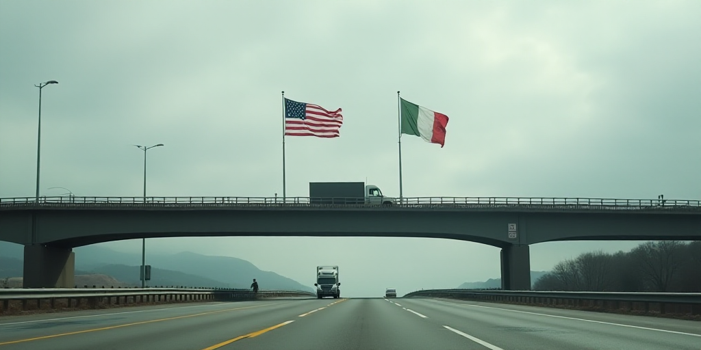two flags are flying in front of a bridge and a truck is driving under it on a cloudy day, Eric Diny