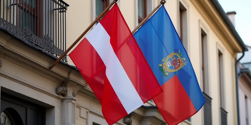 two flags are hanging from a building with a clock on it's side and a flag on the other side, Aquira