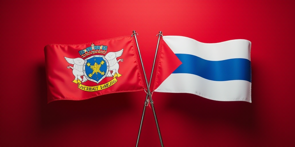 two flags are shown next to each other in front of a red background with white and blue stars and a