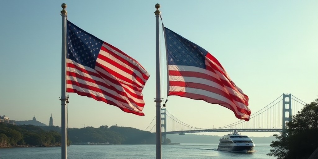 two flags flying in front of a bridge and a river with a boat in the background and a bridge in the