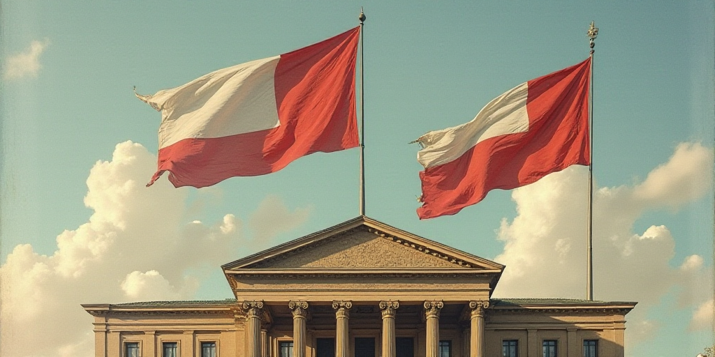 two flags flying in front of a building with a sky background and a few clouds in the background,, F