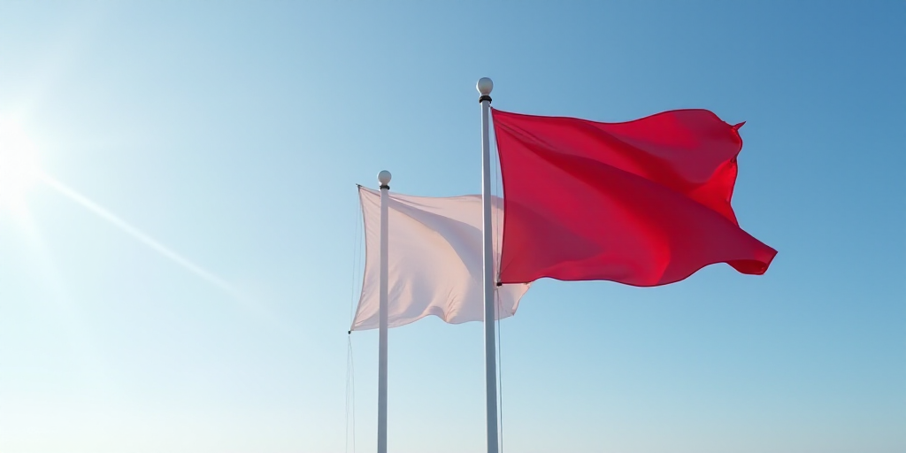 two flags flying in the wind on a clear day with a blue sky in the background and a red one in the f