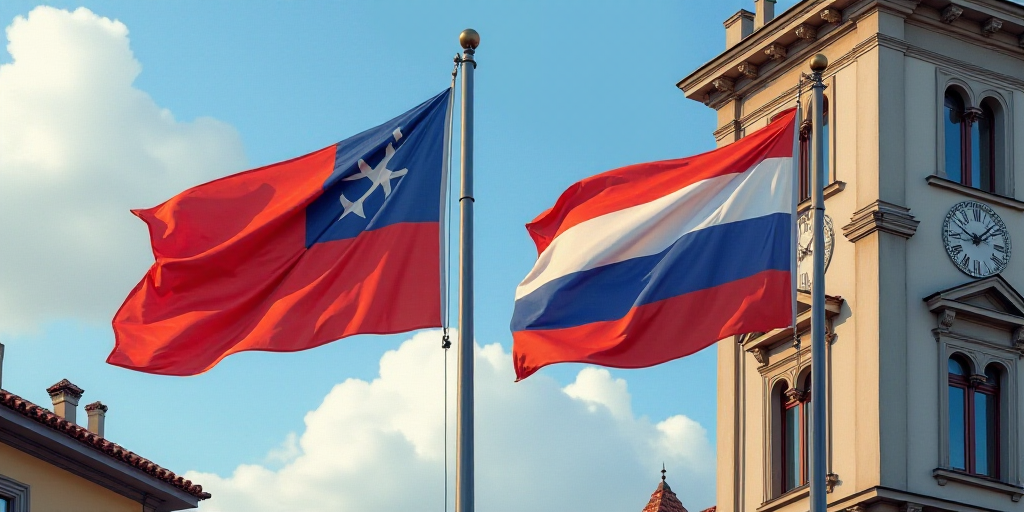 two flags flying next to each other in front of a building with a clock on it's side, Aquirax Uno, b