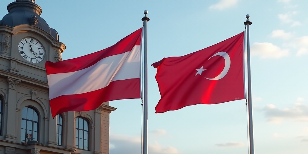 two flags flying next to each other in front of a building with a clock on it's side, Aquirax Uno, b
