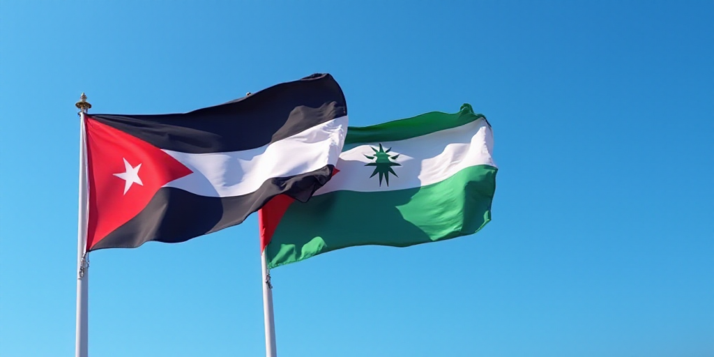 two flags of the united and jordan waving in the wind on a blue background photo by shutterstocker,