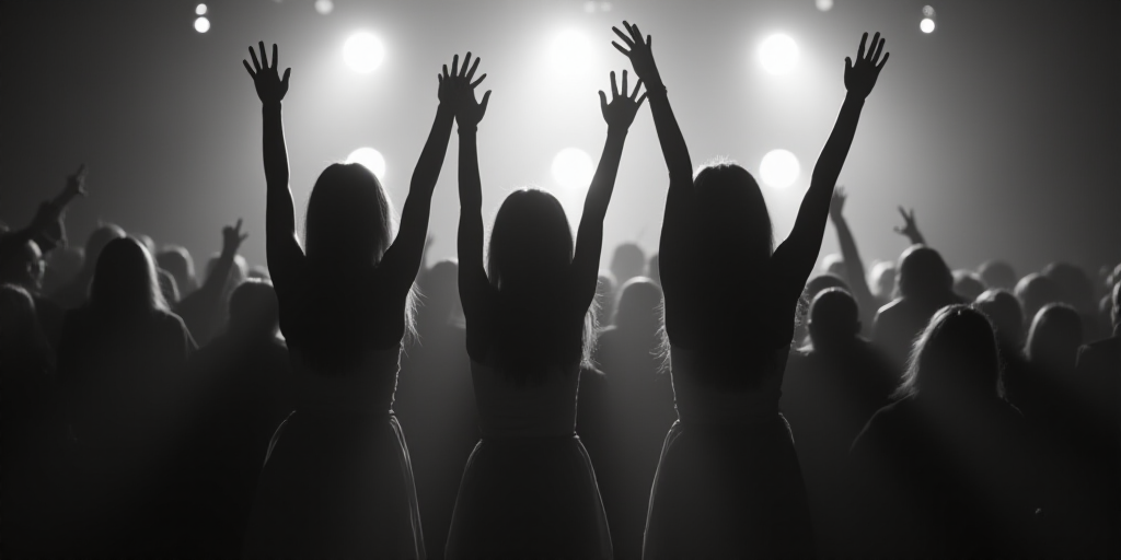 two girls are holding their hands up in the air at a concert, with one girl in the middle of the gro