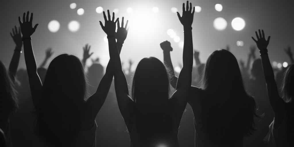 two girls are holding their hands up in the air at a concert, with one girl in the middle of the gro