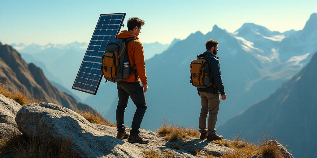 two men are on a mountain with a solar panel on their back and a backpack on their back,, Dave Arred