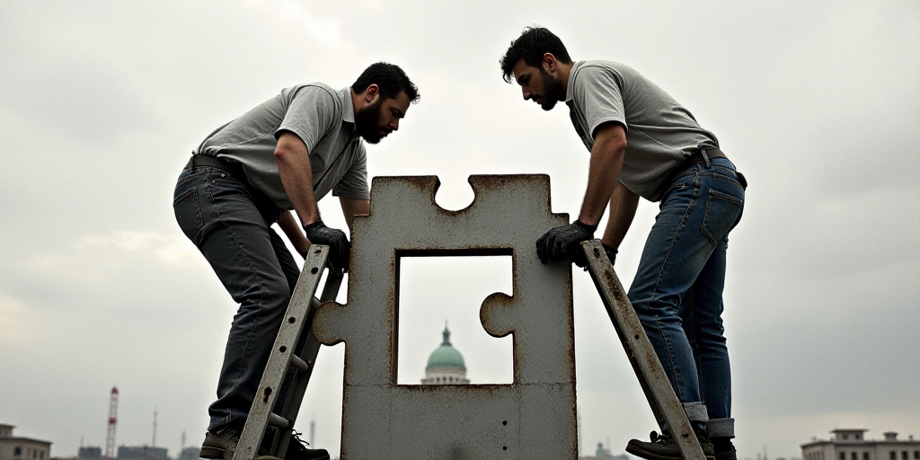 two men are working on a metal structure together, one is on a ladder and the other is on a ladder,