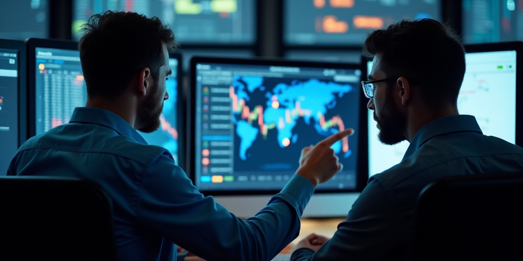 two men in a trading room looking at a computer screen and pointing at something on the monitor scre