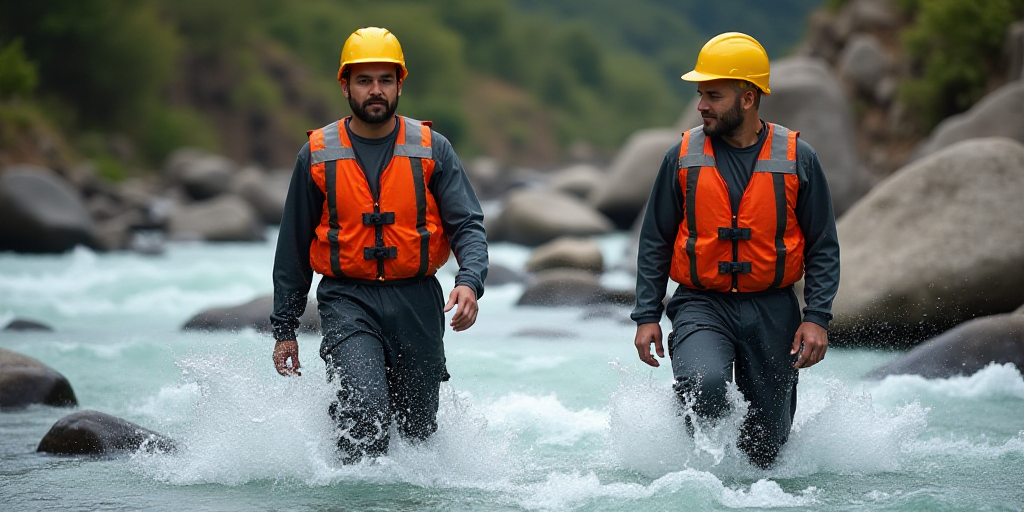 two men in orange vests and yellow helmets walking through a river with rocks and water in the backg