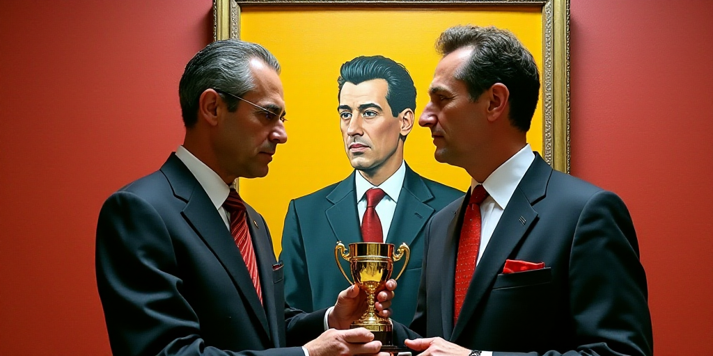 two men in suits and ties holding a trophy in front of a painting of a man in a suit, David Alfaro S