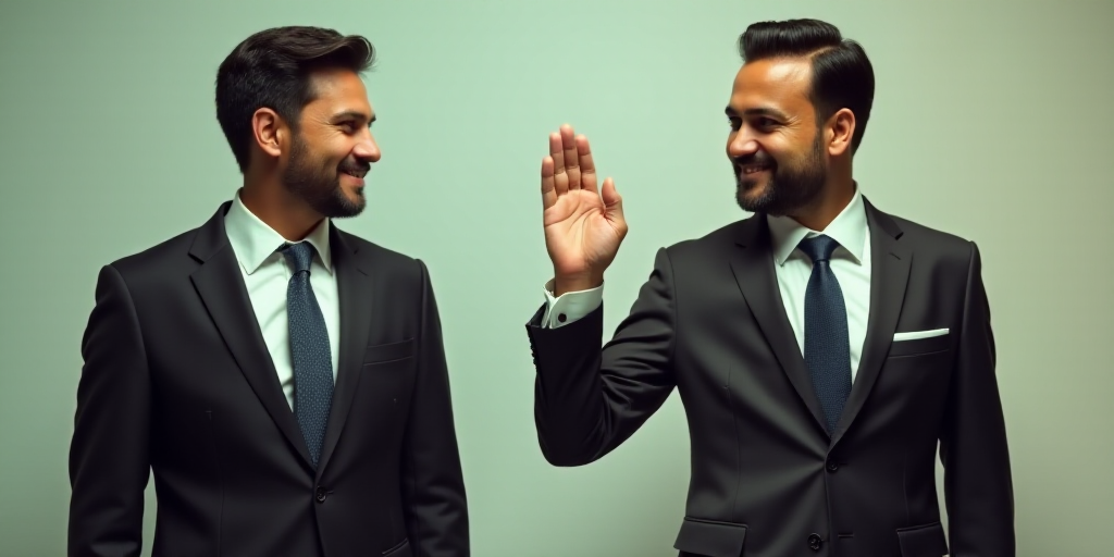 two men in suits and ties one is holding his hand up and the other is holding his hand out, Bikash B