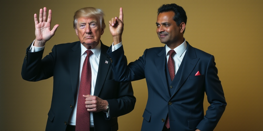 two men in suits and ties one is holding his hand up and the other is holding his hand out, Bikash B