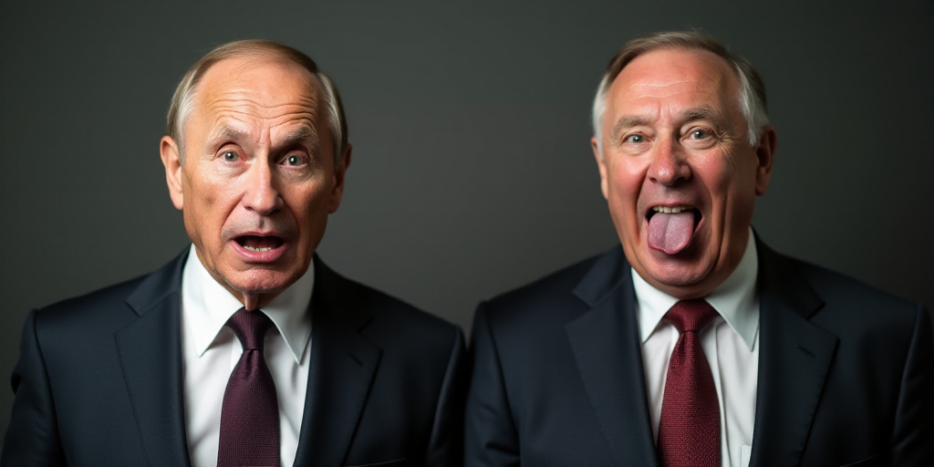 two men in suits and ties one is making a face and the other is making a face with his tongue, Boris