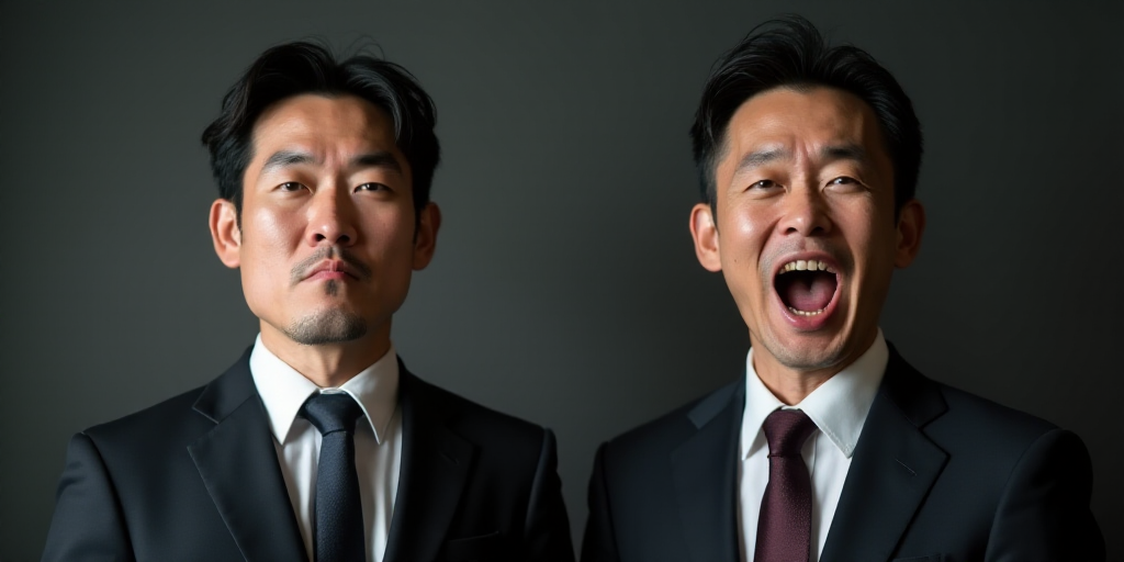 two men in suits and ties one is making a face and the other is making a face with his mouth open, D