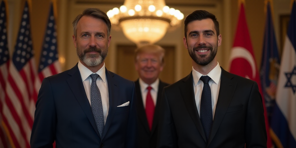 two men in suits and ties standing in front of flags and a chandelier with a president in the backgr