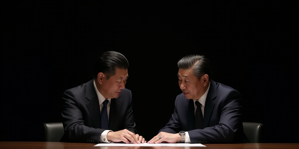 two men in suits are looking at something on a table with a black background and one is touching his