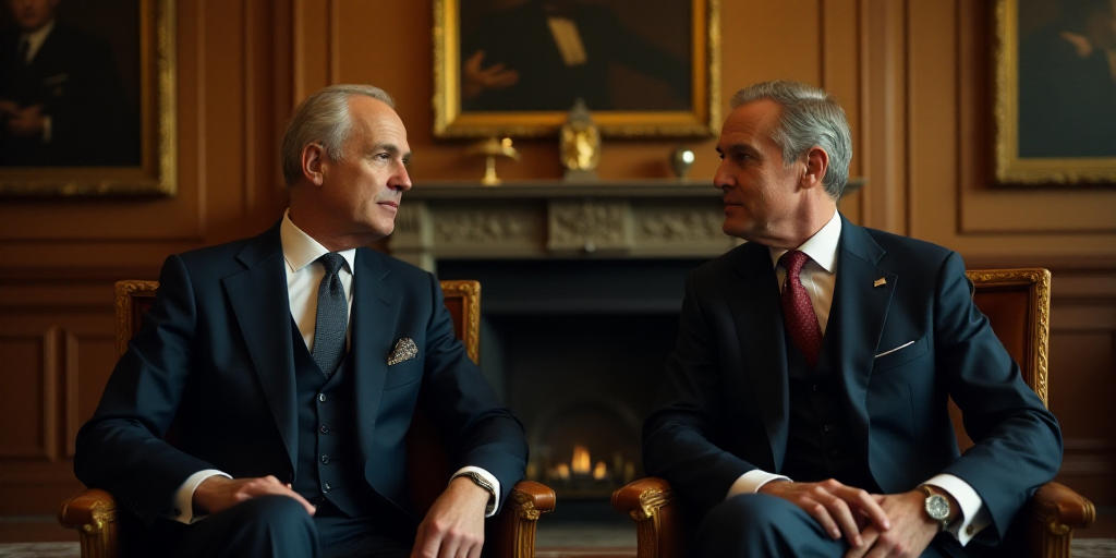 two men in suits sitting next to each other in a room with gold decorations and a fireplace in the b