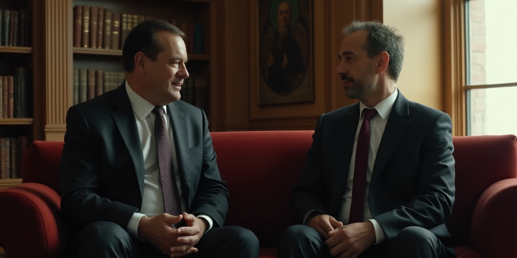two men in suits sitting on a couch talking to each other in a room with a bookcase and a window, Da