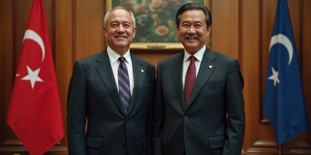 two men in suits standing next to flags in a room with a painting on the wall behind them and a pain