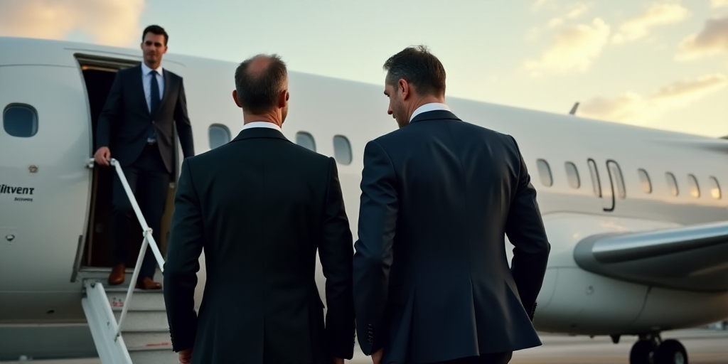 two men in suits walking towards a plane door with another man in a suit and tie behind them,, Clovi