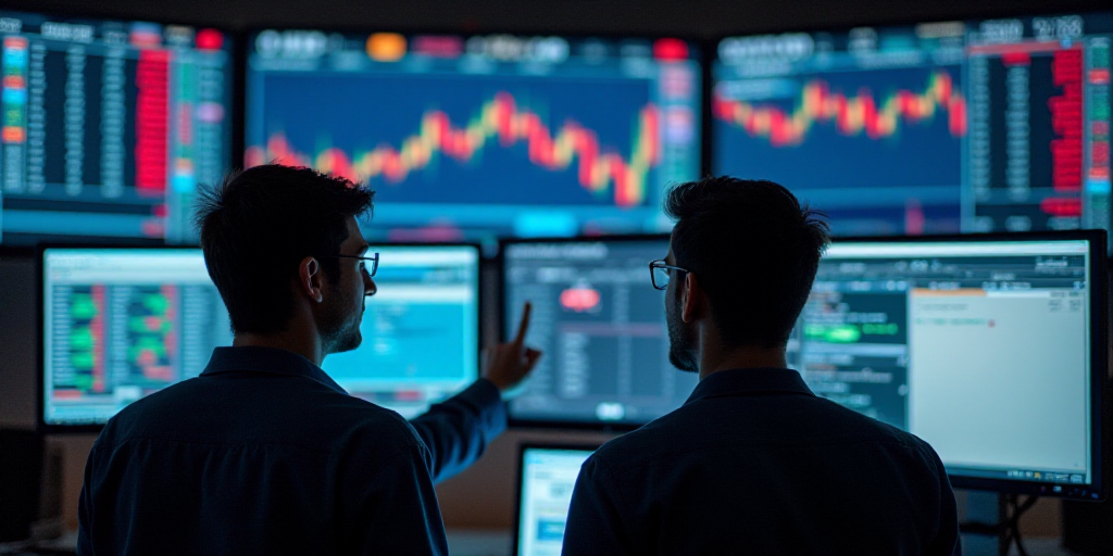 two men looking at a display of stock on a wall of monitors in a stock market, one pointing at the s