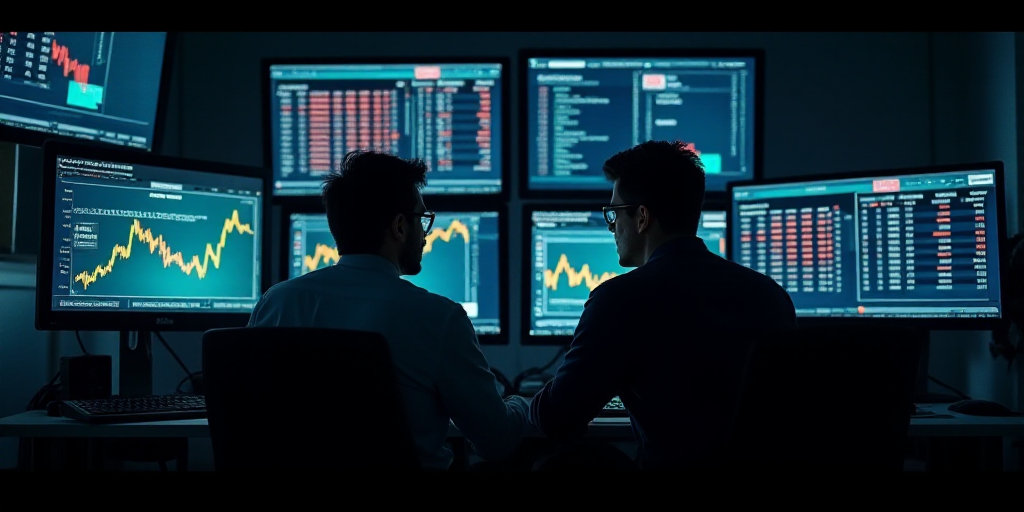 two men looking at multiple computer screens with stock prices on them in a dark room with other mon