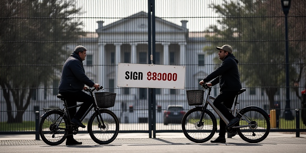 two men on bicycles standing next to a sign that says closed due to federal government shutdown in f