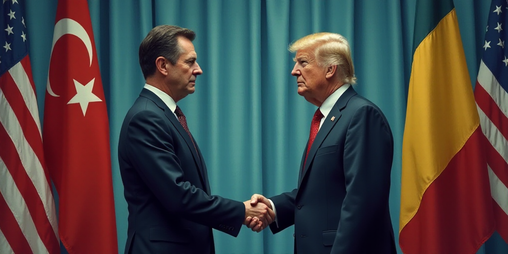 two men shaking hands in front of flags and a curtained background with a blue curtain behind them a