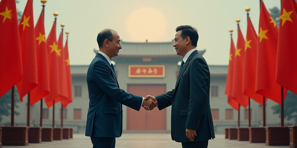two men shaking hands in front of flags and a building with a flag on it and a man in a suit, Cao Bu